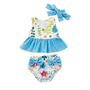 Baby Girl 2-Piece Bikini Swimsuit Toddler Summer Bowknot Flower Print Ruffles Swimwear With Headbands Girl's Bathing Suit 12-18 Months